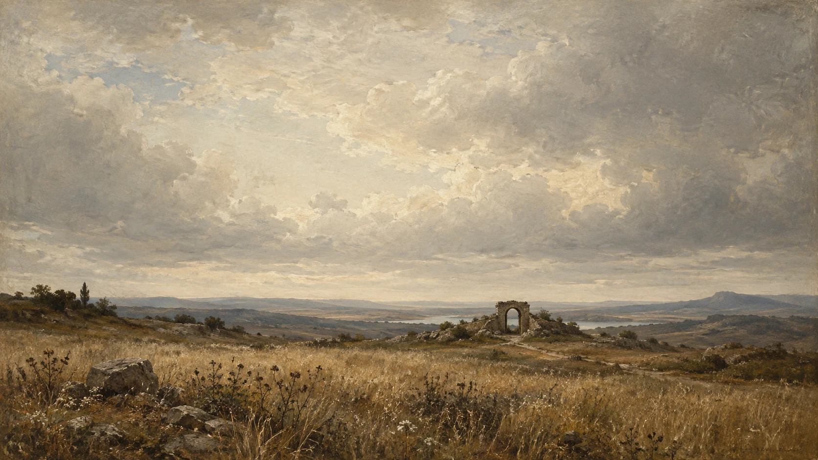An original oil-painted landscape of a grain field and distant stone threshold