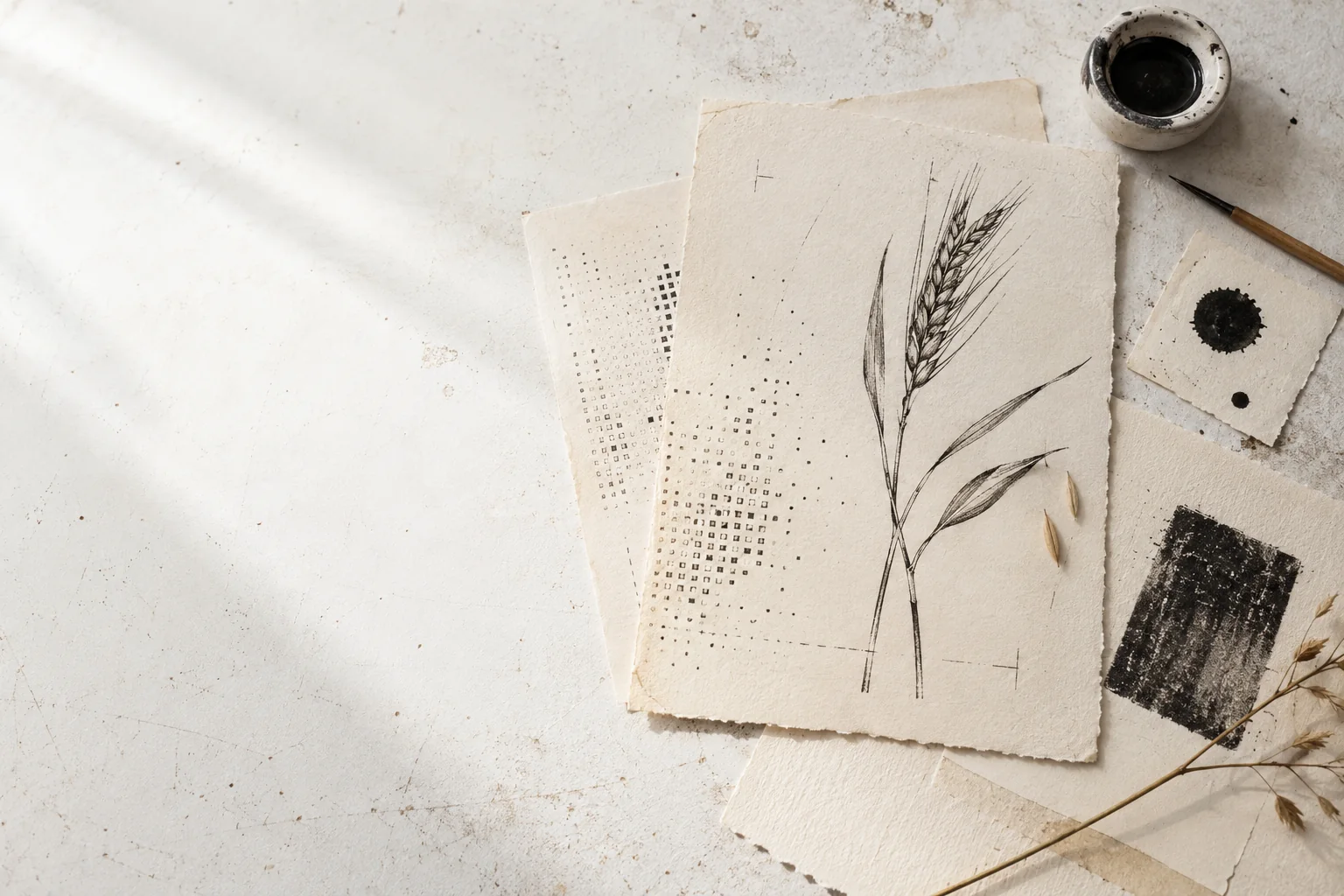 An original worktable study with grain sketches, print proofs, and an ink test arranged on handmade paper